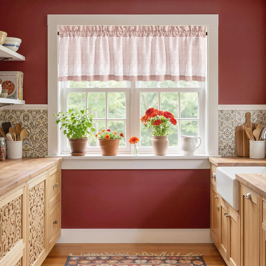 PONY DANCE Linen Kitchen Valance for Windows 18 Inch Long, Rod Pocket Lace Double Layer Valance Living Room Laundry Light Filtering Rustic Cottagecore Farmhouse Window Treatment, 1 Panel, Blush Pink