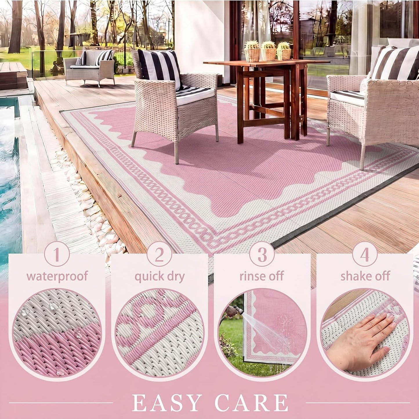 Dunzy Scalloped Outdoor Patio Rug, 5 x 8 ft Non-Slip Plastic Straw Scalloped Carpet Waterproof Indoor Outdoor Area Mat for Outside Rv Camping Deck Pool Beach Porch Backyard(Pink)
