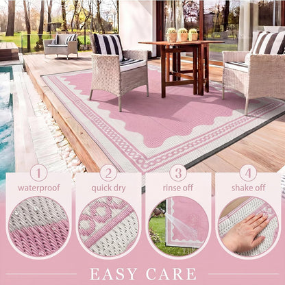 Dunzy Scalloped Outdoor Patio Rug, 5 x 8 ft Non-Slip Plastic Straw Scalloped Carpet Waterproof Indoor Outdoor Area Mat for Outside Rv Camping Deck Pool Beach Porch Backyard(Pink)