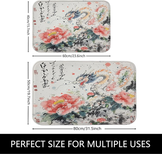 Floral Peacock Quick Dry Bath Mat, Elegant Peach Peonies Watercolor Non Slip Shower Mat, Artistic Memory Foam Washable Bath Rugs for Bathroom Toilet Restroom Decorative 20x32 Inch