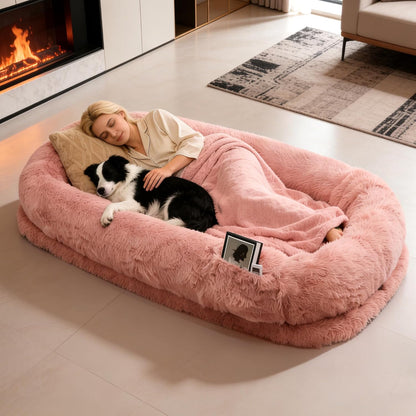 Human Dog Bed with Pillow & Blanket - 71 × 45 × 12 Inch Oversized Pet Bed for Large Dogs, Leak-Resistant Washable Dog Couch Bed for People and Dogs to Share, Soft Long Plush Lounge Pet Sofa Pink.