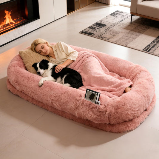 Human Dog Bed with Pillow & Blanket - 71 × 45 × 12 Inch Oversized Pet Bed for Large Dogs, Leak-Resistant Washable Dog Couch Bed for People and Dogs to Share, Soft Long Plush Lounge Pet Sofa Pink.