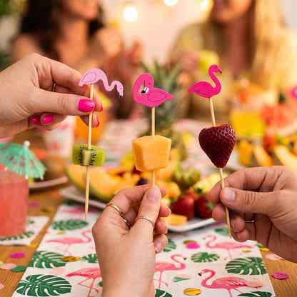 Chengu 120 Pcs 3 Styles Large Flamingo Cocktail Picks 5.31 Inch Pink Flamingo Toothpicks Bamboo Hawaiian Cocktail Picks for Drinks Appetizers Fruit Skewers Summer Tropical Party Decorations Supplies