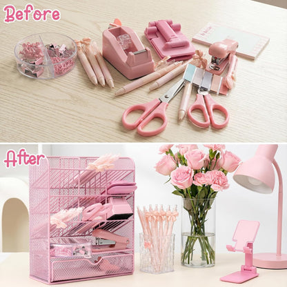 WATINC Pink Desk Organizer Accessories - 21pcs Aesthetic Office School Storage Supplies with Mesh Desk Organizer, Bow Pen Holder, Tape Dispenser, Ruler, Clip, Phone Stand Stationery Kit for Girl Women