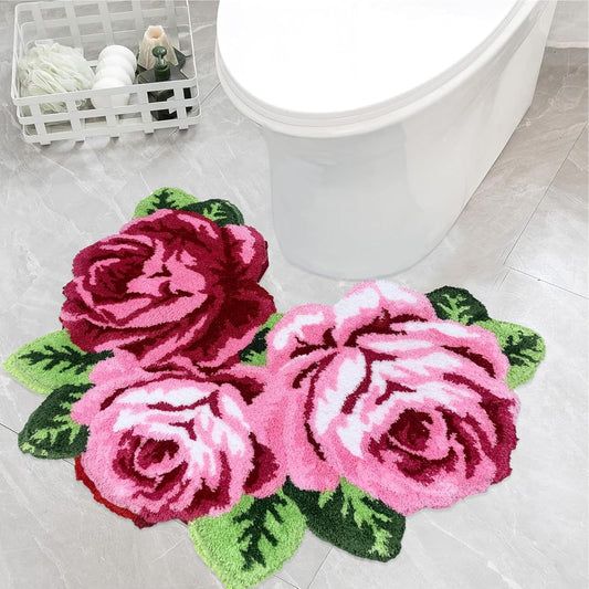 USTIDE Pink Rose Shaped Area Rug High Pile Non-Slip Thick U-Shape Toilet Mat Soft Floor Mat for Bathroom Sink Commode Contour, 31 x 24 Inches
