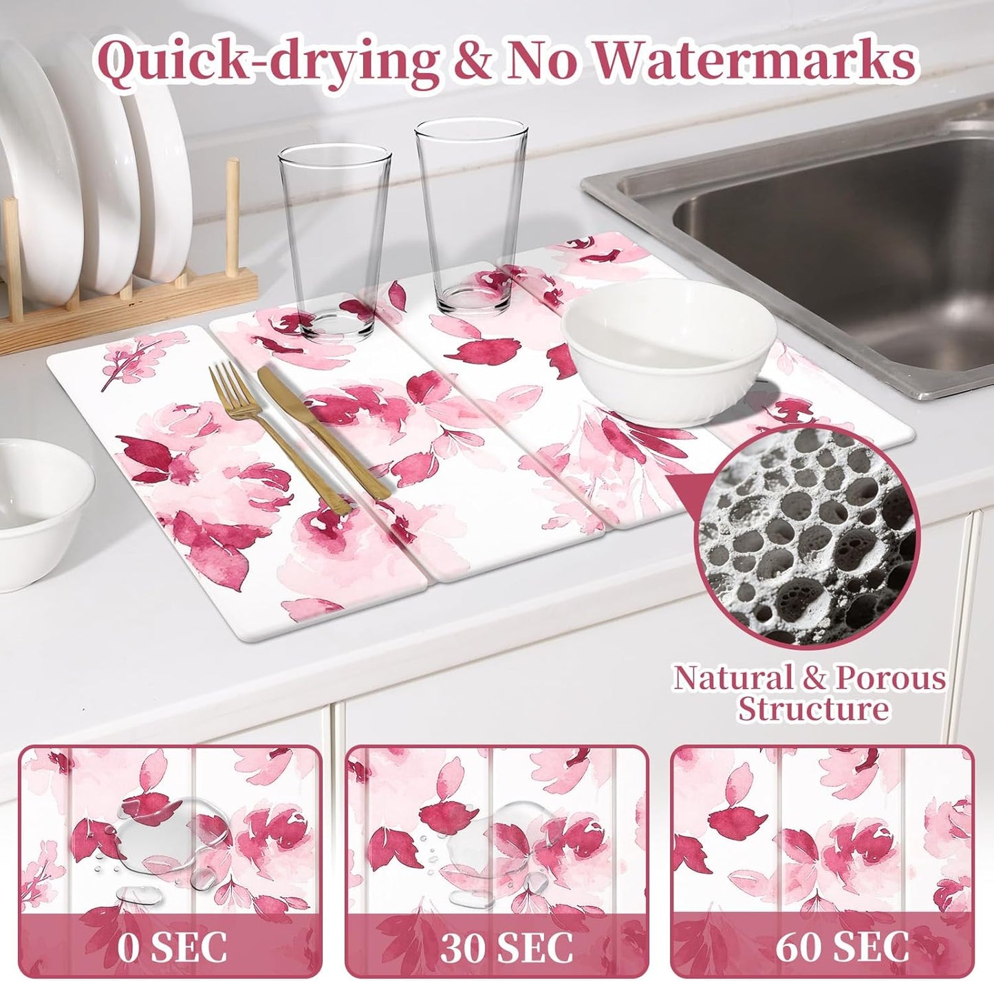 3 PCS Stone Dish Drying Mat for Kitchen Counter, Quick Dry Foldable Stone Dishes Mats, Water Absorbing Diatomaceous Earth Drying Organizer for Dishes Bottles, Cups and Tableware (Pink)
