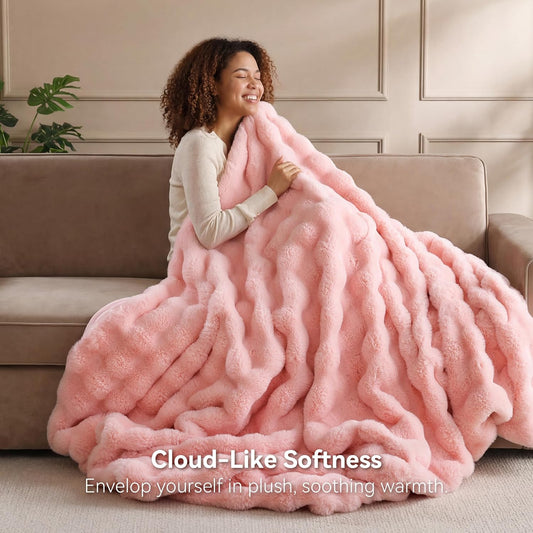 Smoofy Faux Fur Throw Blanket for Couch - Blush Pink Super Soft Cozy Bubble Blanket, Fluffy Plush Fuzzy Throw for Sofa & Bed, Thick Lightweight Warm Blanket, Luxury Aesthetic Gift for Women 50"x60"
