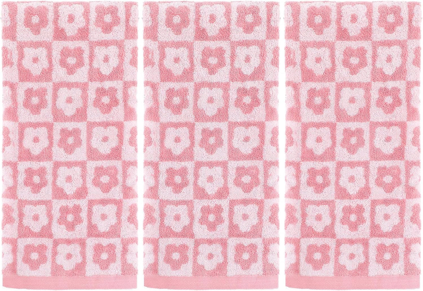 Moukeren 3 Pcs Pink Floral Bath Towels, Checkered Floral Hand Towels for Women, 29 x 13 Inch, Cotton Washcloth Soft Fleece Quick Dry Patterned Cute Decor for Bathroom Pool Gym Gift