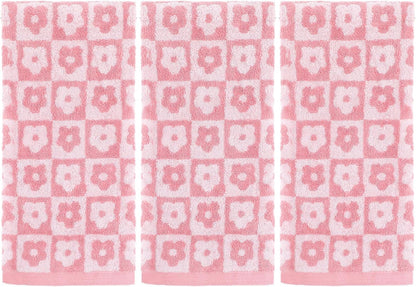 Moukeren 3 Pcs Pink Floral Bath Towels, Checkered Floral Hand Towels for Women, 29 x 13 Inch, Cotton Washcloth Soft Fleece Quick Dry Patterned Cute Decor for Bathroom Pool Gym Gift