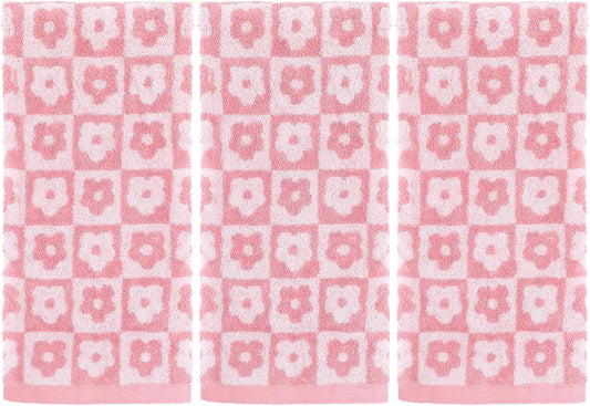 Moukeren 3 Pcs Pink Floral Bath Towels, Checkered Floral Hand Towels for Women, 29 x 13 Inch, Cotton Washcloth Soft Fleece Quick Dry Patterned Cute Decor for Bathroom Pool Gym Gift
