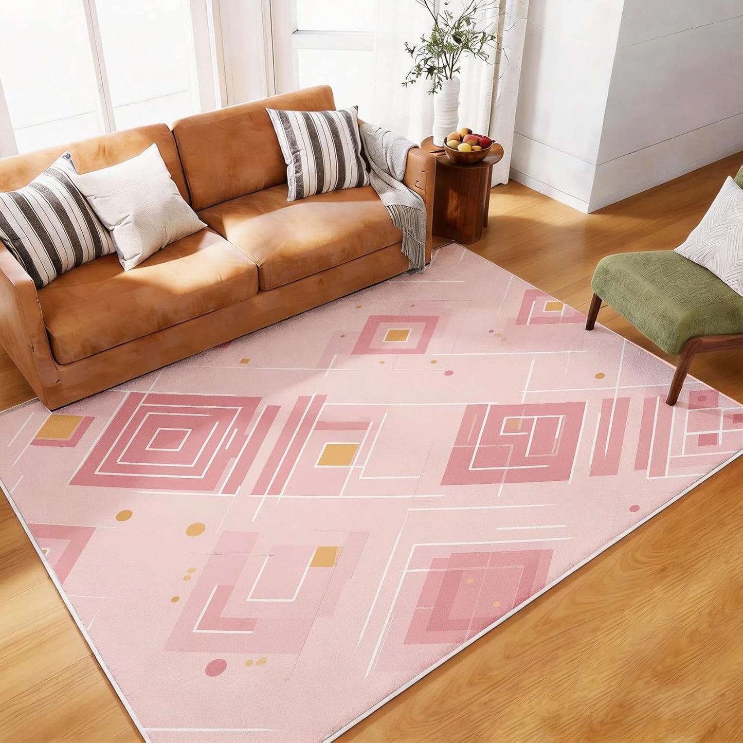 Modern Geometry 5x7 Area Rugs for Living Room, Washable Abstract Geometric Large Rug, Minimalist Pink Pattern Carpet Soft Low Pile Non Slip for Bedroom Home Decor HEC7sc