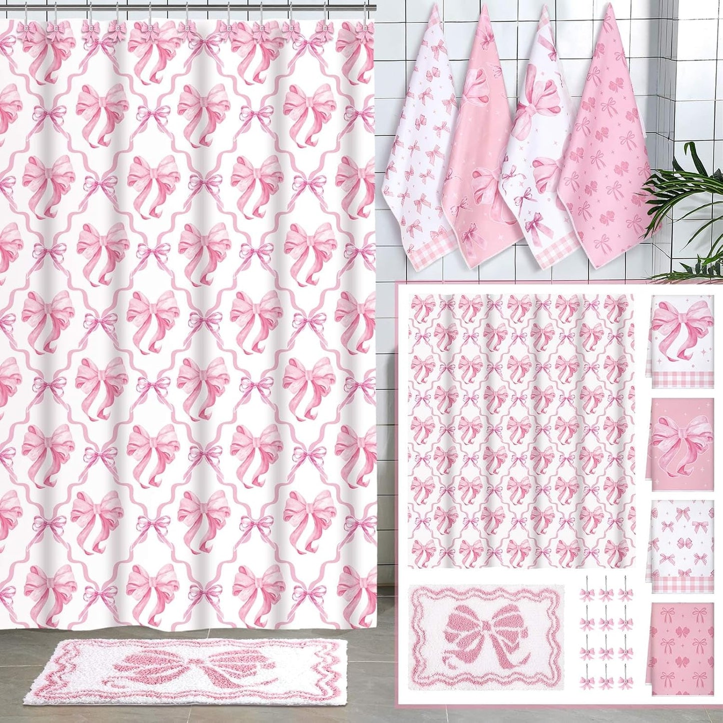 Fourluoo 18 Pcs Pink Bow Shower Curtain Set with 12 Decorative Shower Curtain Hooks Pink Bow Knot Bathroom Towels Coquette Non Slip Absorbent Microfiber Rug for Christmas Modern Aesthetic Bathroom