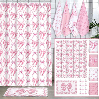 Fourluoo 18 Pcs Pink Bow Shower Curtain Set with 12 Decorative Shower Curtain Hooks Pink Bow Knot Bathroom Towels Coquette Non Slip Absorbent Microfiber Rug for Christmas Modern Aesthetic Bathroom