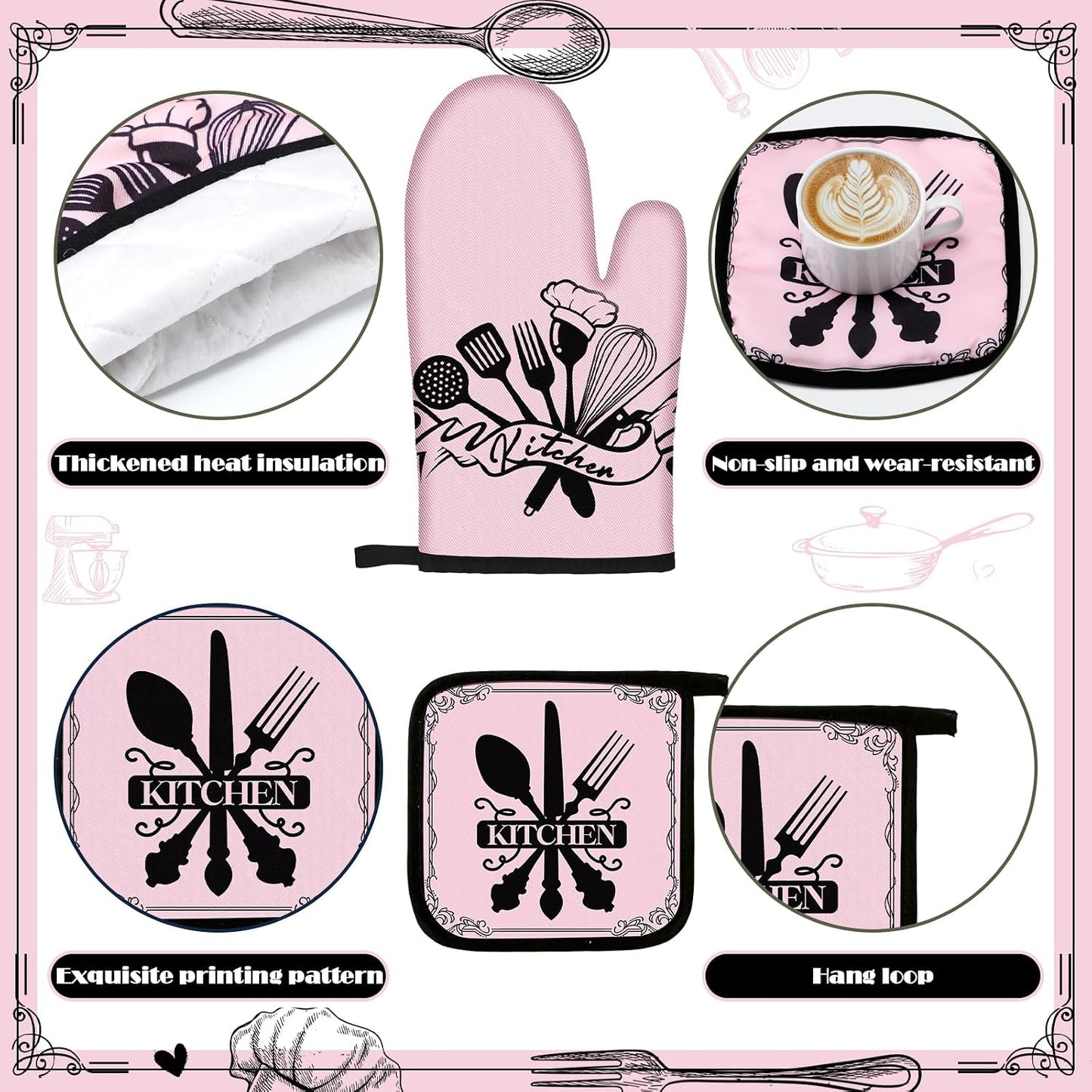 Fourluoo 10 Pcs Farmhouse Kitchen Decor and Accessories Set 4 Kitchen Towels 2 Pot Holders 2 Oven Mitts 2 Rugs for Cooking Baking Mom Housewarming Gifts(Soft Pink,Appealing Style)