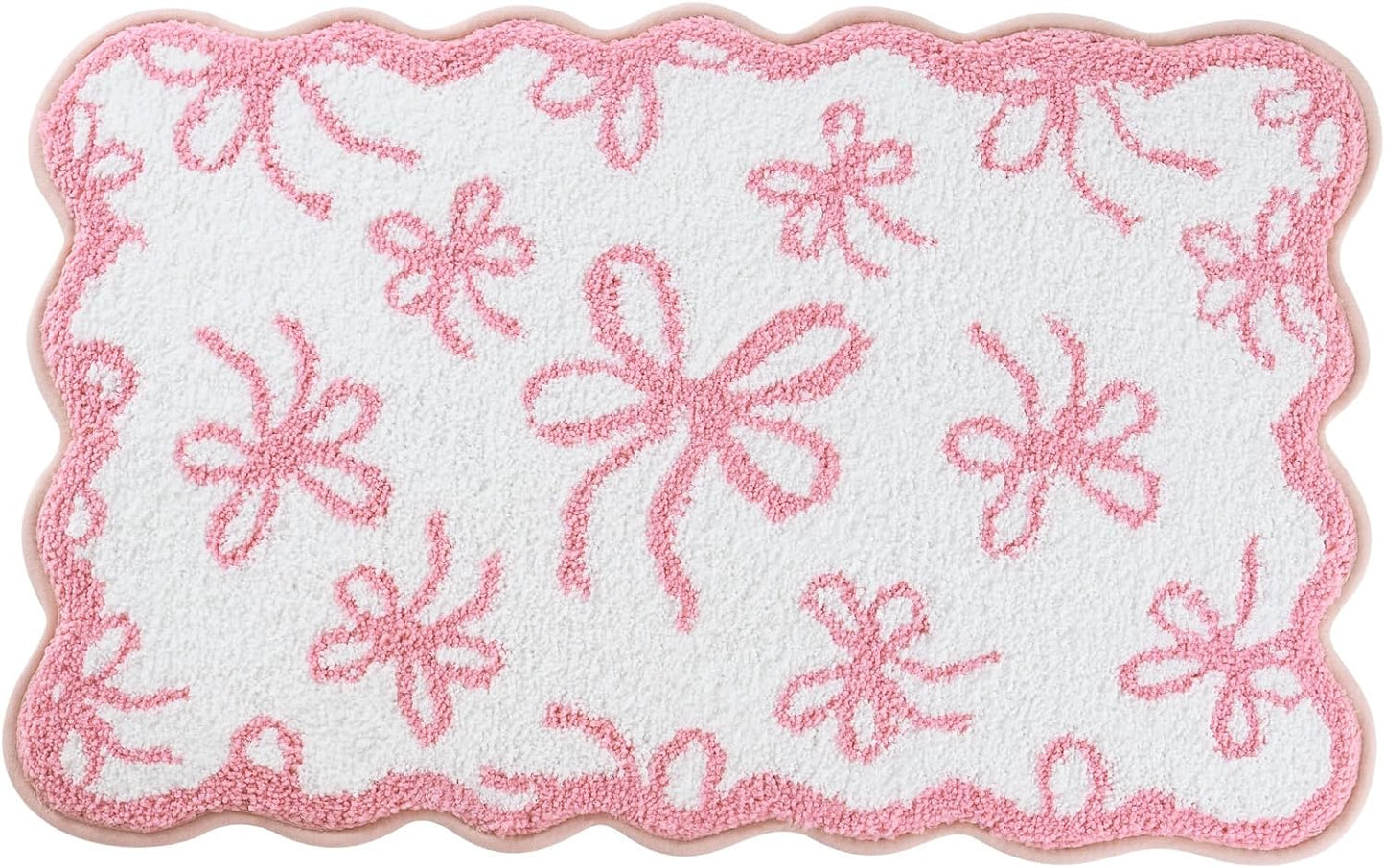 Moutina Pink Bow Bathroom Rug 20x32 Inch, Soft and Absorbent Tufted Coquette Scalloped Bath Mat Non Slip Washable, Cute Bow Decor for Bathroom Bedroom