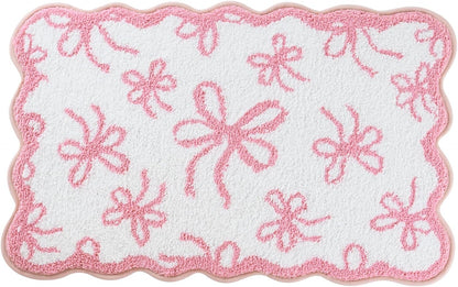 Moutina Pink Bow Bathroom Rug 20x32 Inch, Soft and Absorbent Tufted Coquette Scalloped Bath Mat Non Slip Washable, Cute Bow Decor for Bathroom Bedroom