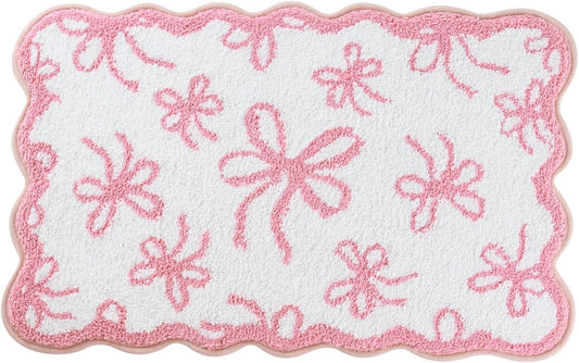 Moutina Pink Bow Bathroom Rug 20x32 Inch, Soft and Absorbent Tufted Coquette Scalloped Bath Mat Non Slip Washable, Cute Bow Decor for Bathroom Bedroom