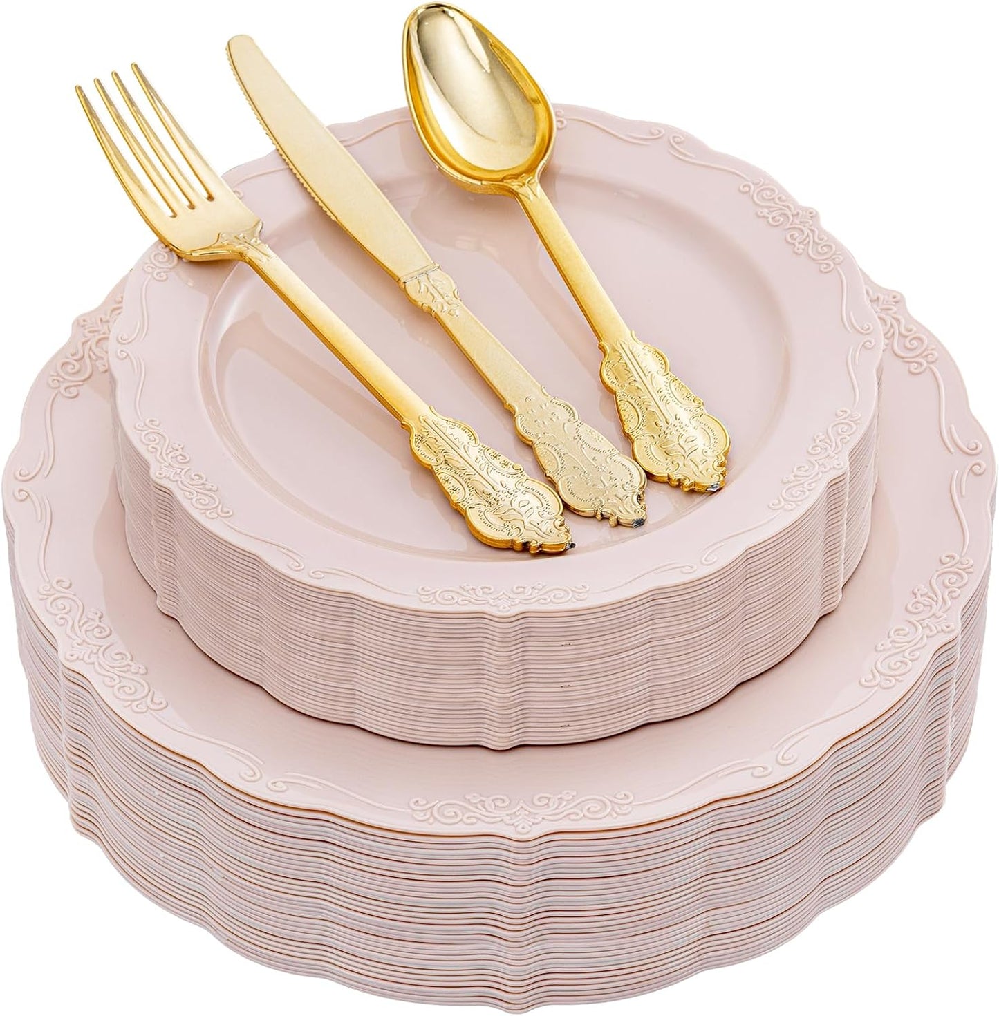 DaYammi 150Pcs Pink Plastic Plates & Gold Plastic Silverware,Pink Disposable Plates for Party Include 30 Dinner Plate,30 Dessert Plate,30 Gold Forks and 30 Spoons, 30 Knives for Wedding Bridal Shower