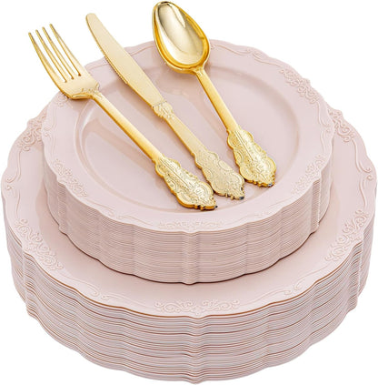 DaYammi 150Pcs Pink Plastic Plates & Gold Plastic Silverware,Pink Disposable Plates for Party Include 30 Dinner Plate,30 Dessert Plate,30 Gold Forks and 30 Spoons, 30 Knives for Wedding Bridal Shower