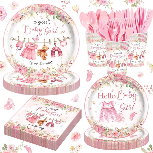 140PCS Pink Baby Shower Decorations Girls Baby Shower Party Supplies Disposable Plates Napkins Spoons Cups Tableware Set Serve 20 Guests