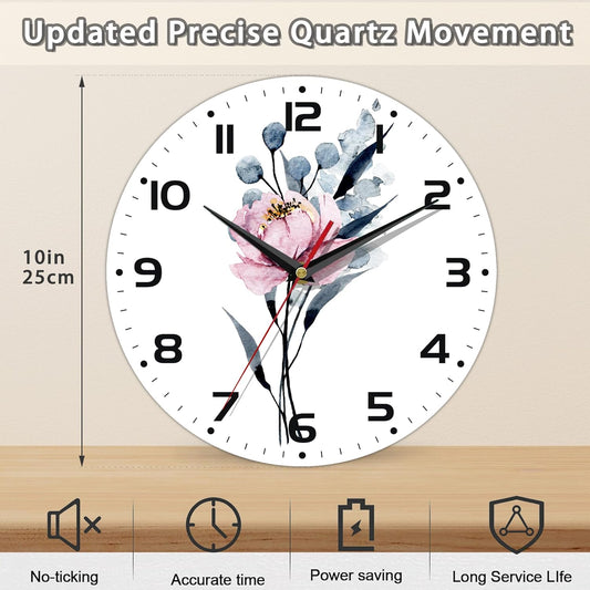 Watercolor Pink Flower Wall Clock - Vintage Wooden, Silent Non-Ticking, Battery Operated, Arabic Numerals, Decorative for Kitchen, Office, Classroom, 10 Inch