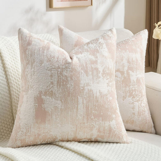 FUTEI Pack of 2 Faux Cashmere Jacquard Throw Pillow Covers 18x18 Inch Soft Marble Pattern Vintage Decorative Cushion Case Modern Farmhouse Accent for Couch Bed Living Room, Pink White