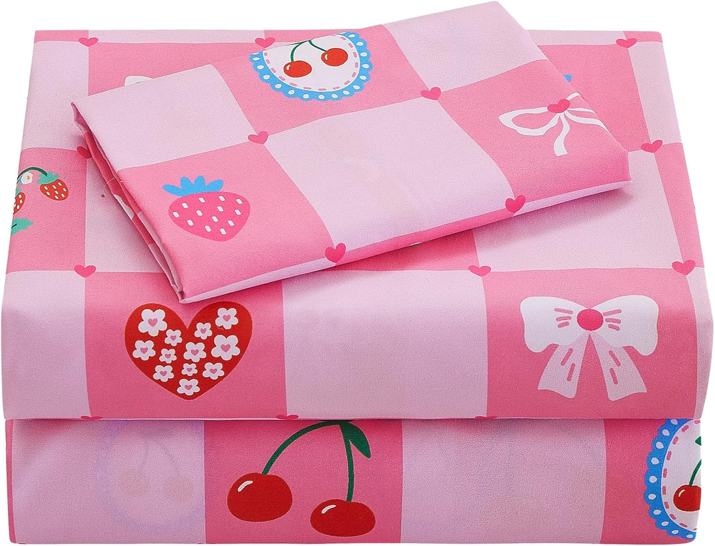 Softan Kids Bed Sheet Set, 3-Piece Twin Sheets Set, Microfiber Fitted Sheet with Corner Straps, Breathable & Silky Soft Pink Fruit Checkered Pattern Sheet and Pillowcase Sets