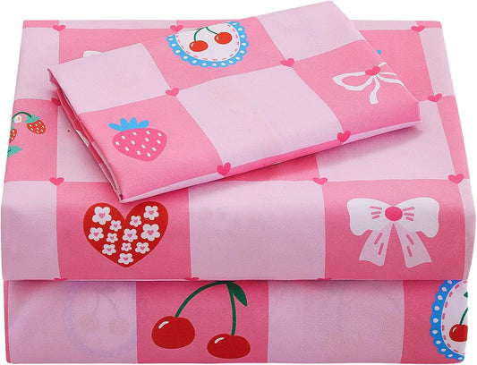 Softan Kids Bed Sheet Set, 3-Piece Twin Sheets Set, Microfiber Fitted Sheet with Corner Straps, Breathable & Silky Soft Pink Fruit Checkered Pattern Sheet and Pillowcase Sets