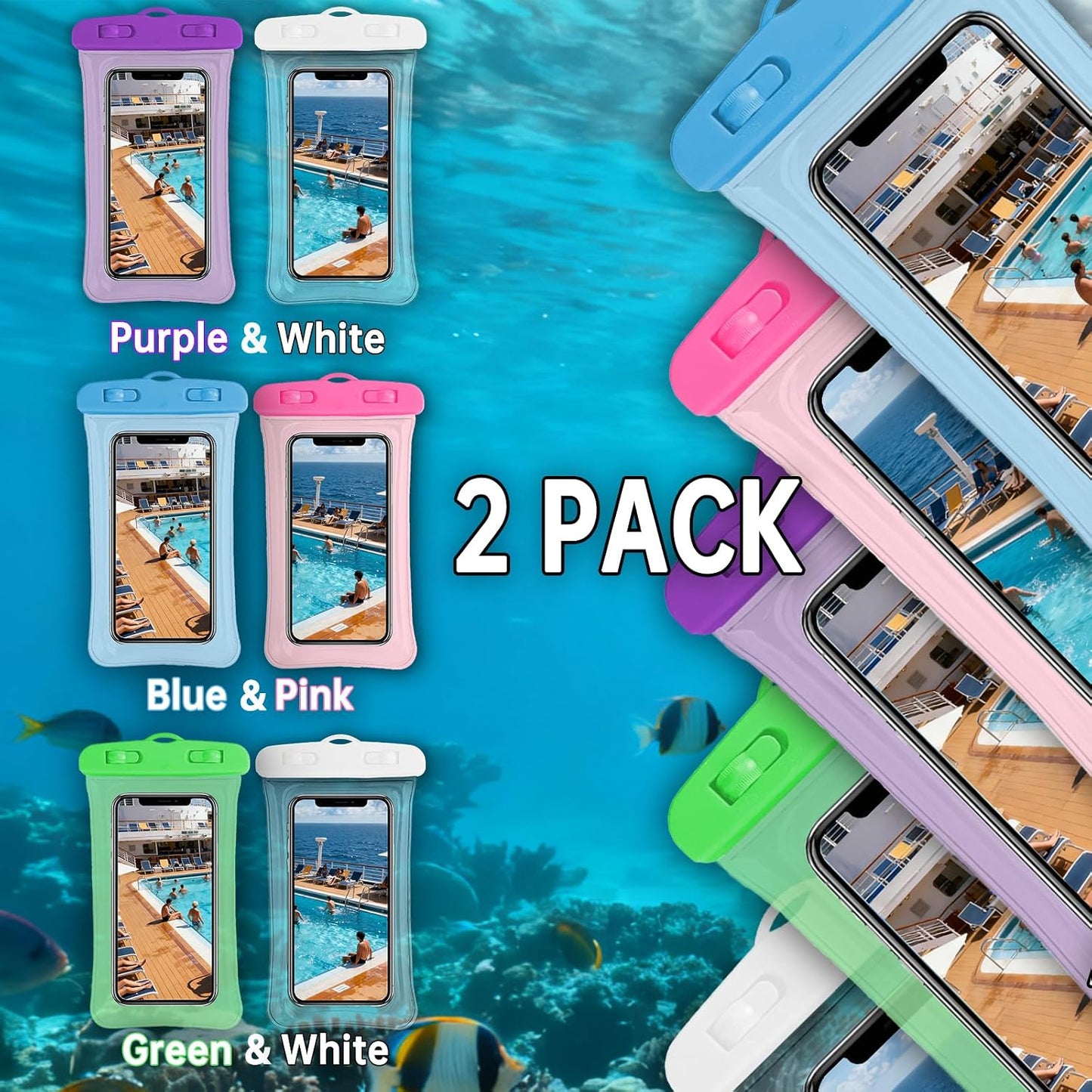 2 Pack Waterproof Phone Pouch, Waterproof Phone Case，Compatible with iPhone 17 16 15 14 13 Pro Max, IPX8 Cellphone Dry Bag Beach Cruise Ship Essentials 8.3"(Blue+Pink)