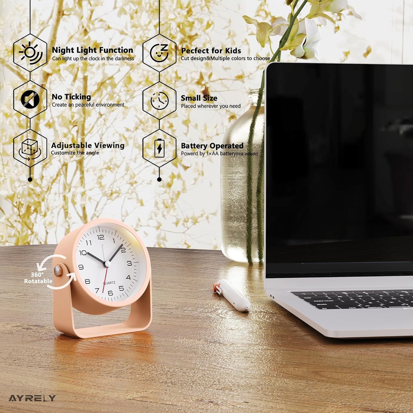 AYRELY® 3.5 Inch Small Analog Alarm Clocks,Battery Operated Desk Clock,Cute Table Clock with Light，Adjustable Angle for Travel,Bedside,Bedroom,Kids,Living Room Decor (Pink)