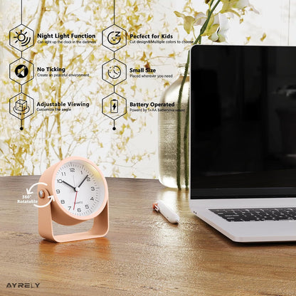 AYRELY® 3.5 Inch Small Analog Alarm Clocks,Battery Operated Desk Clock,Cute Table Clock with Light，Adjustable Angle for Travel,Bedside,Bedroom,Kids,Living Room Decor (Pink)