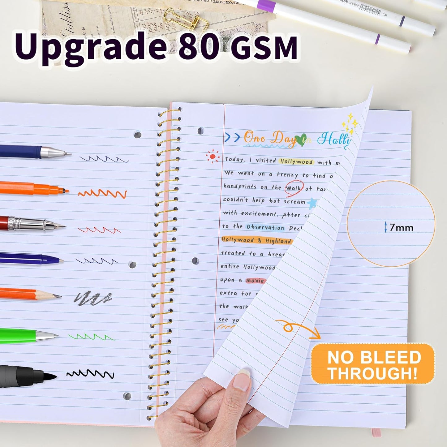 Spiral Notebook College Ruled Paper 8" x 10-1/2", 1 Subject Spiral Notebook 80GSM Paper, 3-Hole Punched Perforated Pages Ideal for School, Office, Writing, 75 Sheets Lined Journaling Notebook, Pink