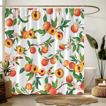 Peach Shower Curtain Fruits Cute Bright Colorful Green Leaves Cartoon,White 70" W x 70" H Fabric Bathroom Decor Curtain with Hooks