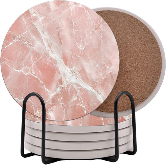 Pink Rose Quartz Agate Marble Round Coasters Set of 6 - Abosrbent Ceramic Coasters with Metal Stand for Drinks, Coffee, Non-Slip Cork Back Tabletop Protection, 4 Inches Marbled Pattern (White Pink)