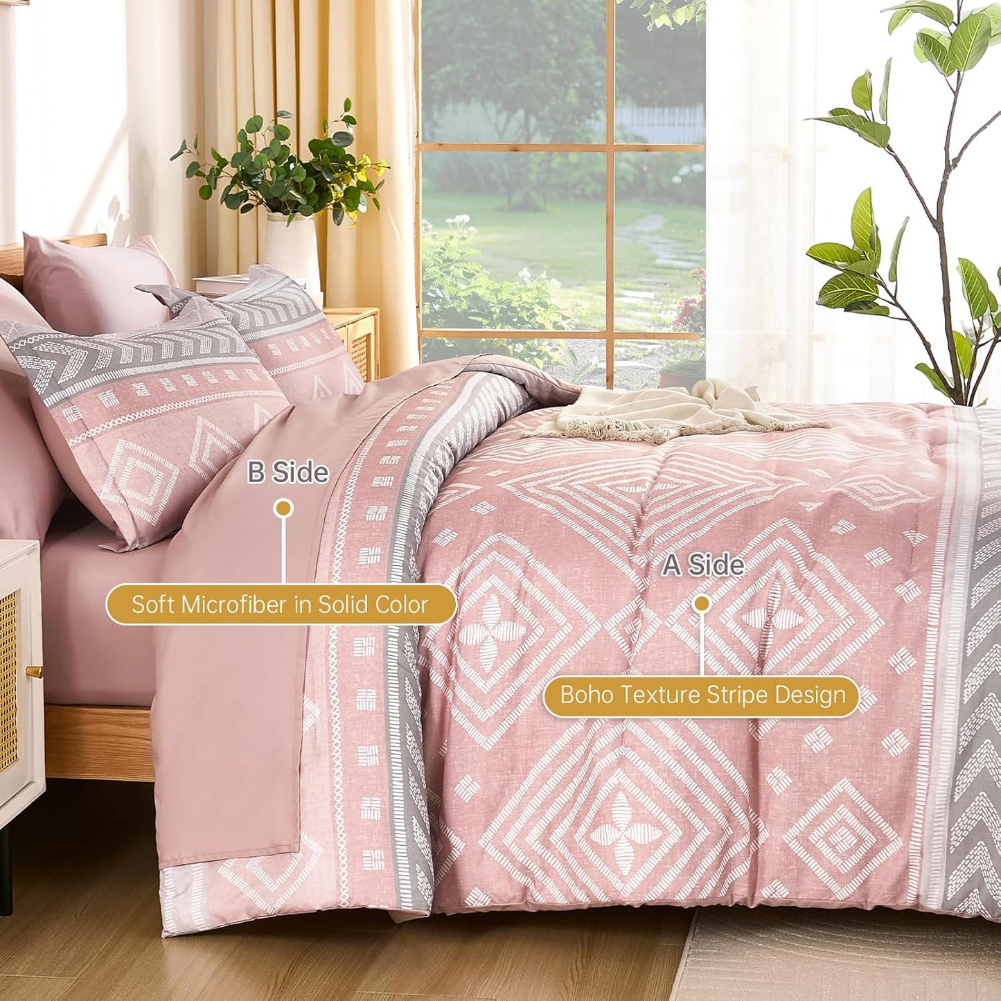 Yiran Comforter Set Queen Size, 7 Pieces Boho Aztec Bed in a Bag, Blush Pink Southwestern Bedding Sets for All Seasons, Lightweight Comforter Bed Set with Sheets, Pillowcases & Shams