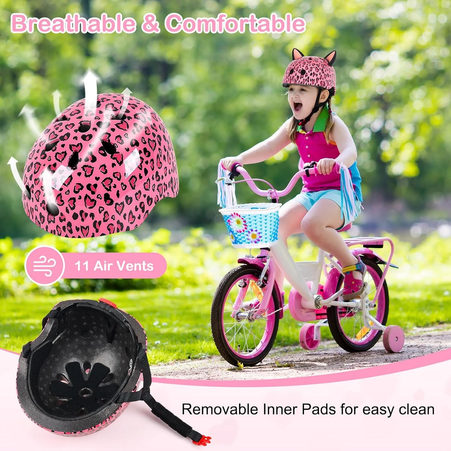 Kids Bike Helmet for Girls 3-5/5-8/8-14, Adjustable Helmet with DIY Cat Ears, Cute Toddler Youth Helmets for Skateboard Scooter Cycling Roller Skating