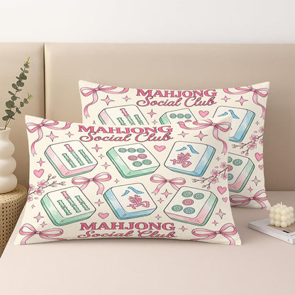 Mahjong Tiles Throw Pillow Covers Set of 2, Playful Fanciful Hearts Bows Casual Pastel Peach with Hidden Zipper Cover Decorative Pillows for Living Room Apartment Bed Sofa Decor 20x12 Inch