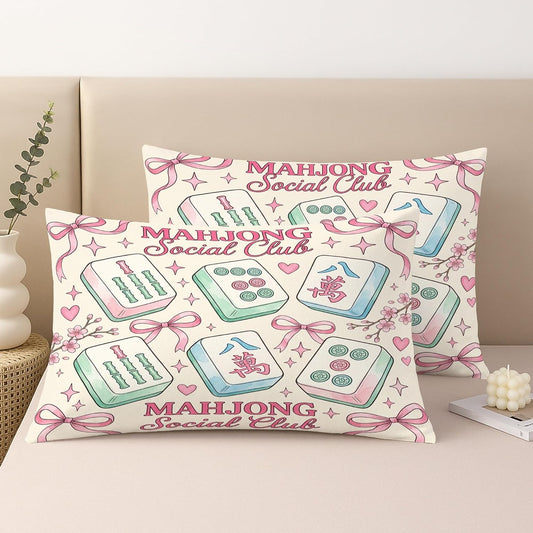 Mahjong Tiles Throw Pillow Covers Set of 2, Playful Fanciful Hearts Bows Casual Pastel Peach with Hidden Zipper Cover Decorative Pillows for Living Room Apartment Bed Sofa Decor 20x12 Inch