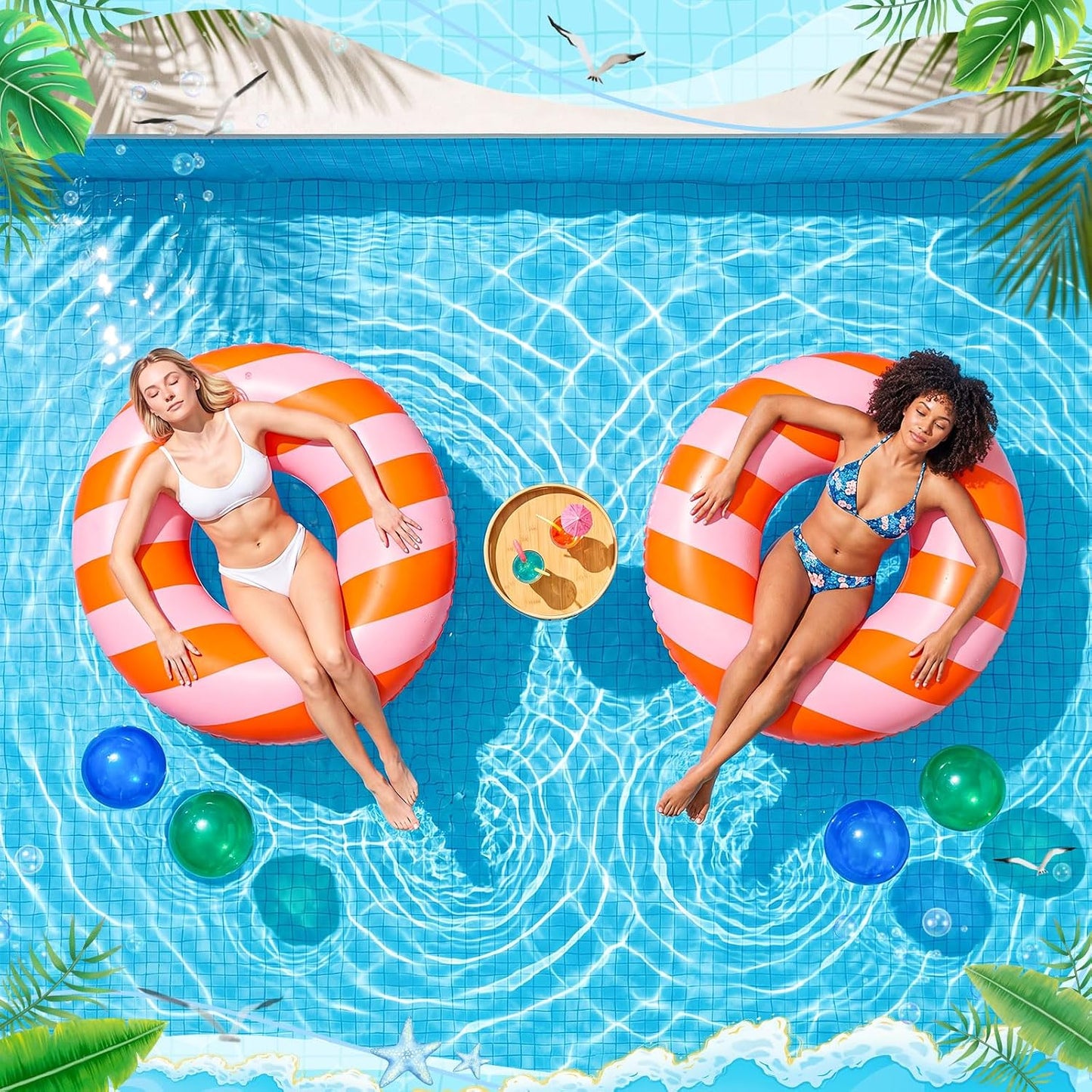 Silipull 2 Pcs Large Adult Float Tube 47.24 Inches Stripe Inflatable Swim Pool Ring Floats Single Sided Pink Orange Stripe Pool Tube Swimming Ring for Adults Beach Bachelorette Summer Wedding