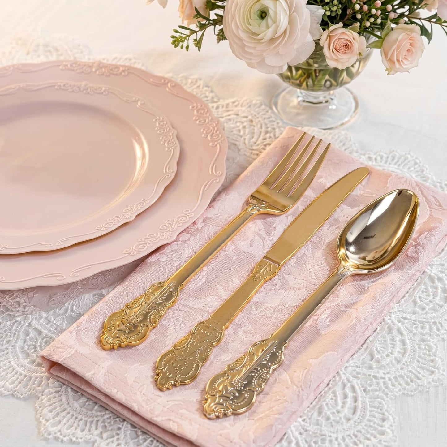 DaYammi 150Pcs Pink Plastic Plates & Gold Plastic Silverware,Pink Disposable Plates for Party Include 30 Dinner Plate,30 Dessert Plate,30 Gold Forks and 30 Spoons, 30 Knives for Wedding Bridal Shower