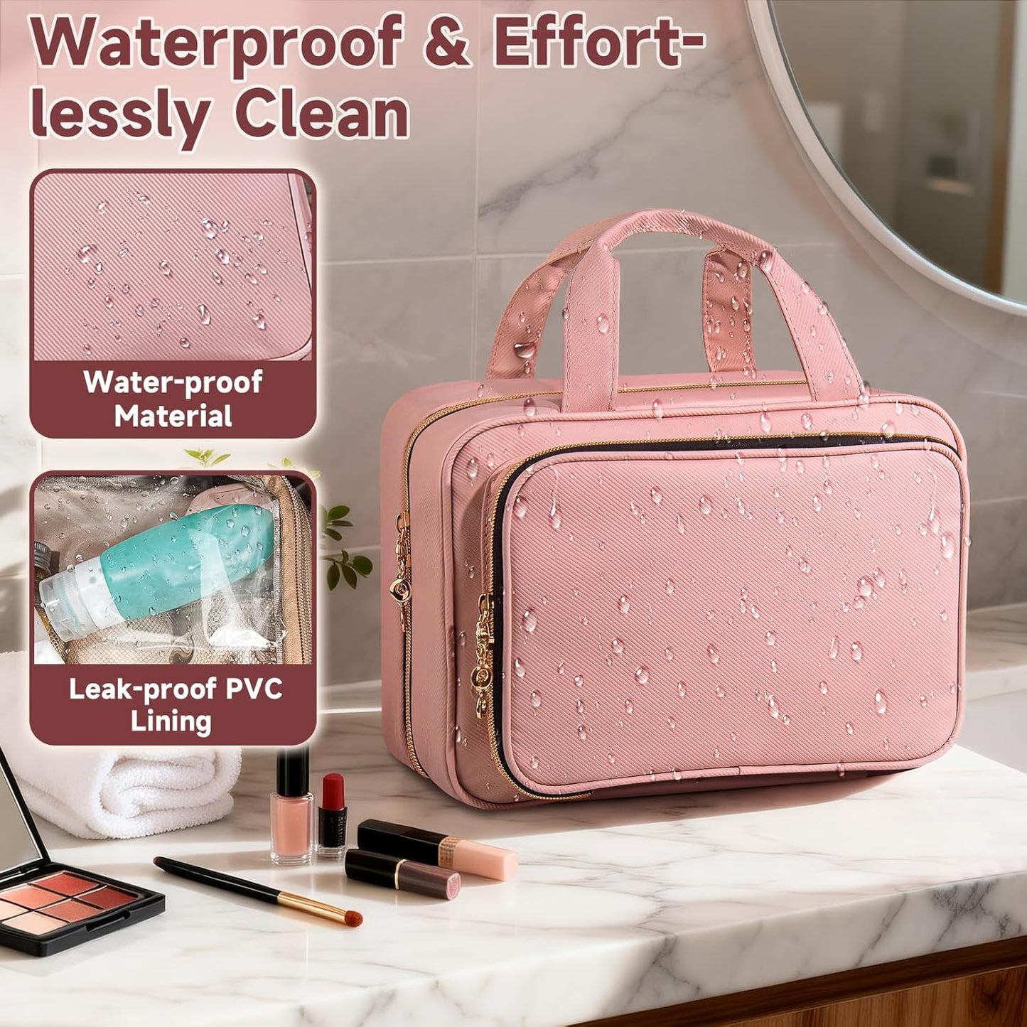 Travel Toiletry Bag for Women – Waterproof Hanging Organizer with Multiple Compartments, Fits Full-Size Toiletries and Makeup Accessories, Compact & Portable, Travel Essentials (Medium, Pink)