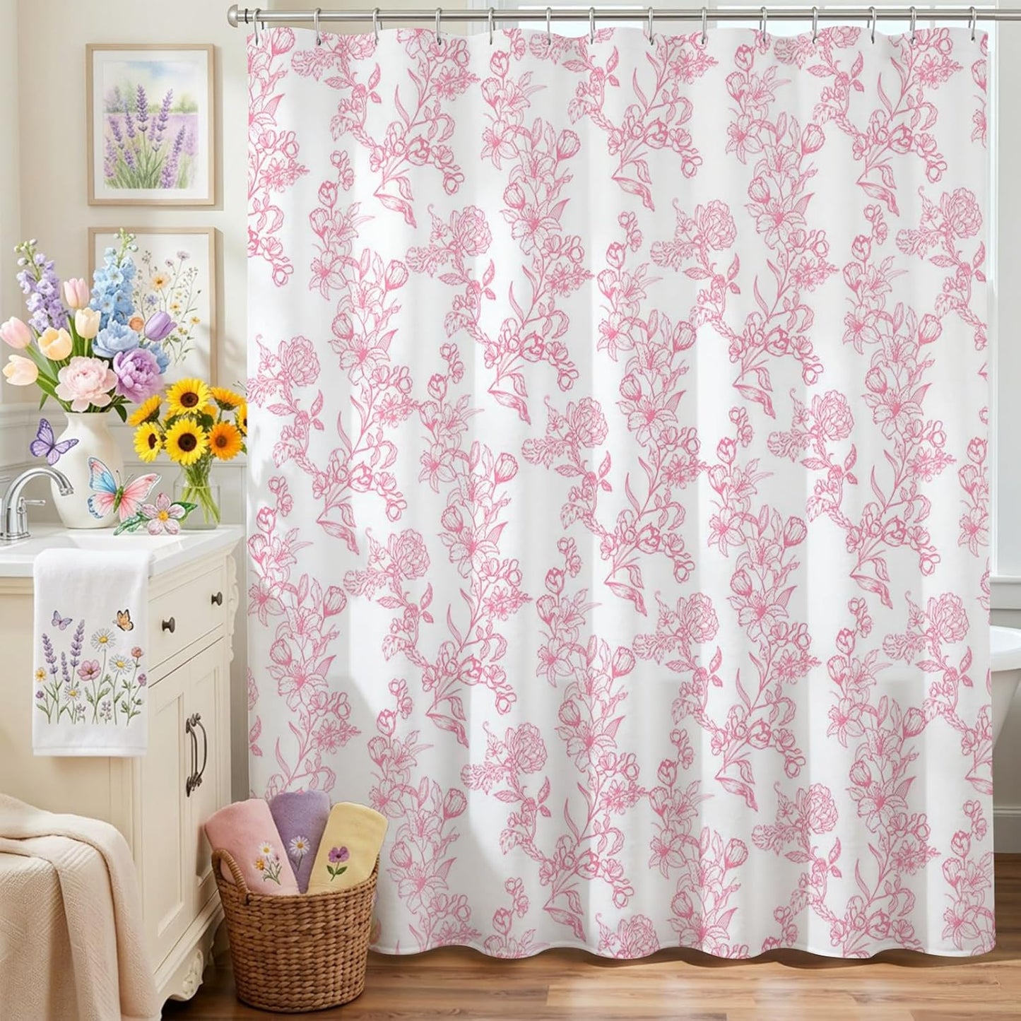 Mocsicka Floral Shower Curtain Pink Flower Bathroom Shower Curtain Spring Floral Pink Waterproof Fabric Shower Curtains Bathtub Decor with 12 Hooks 72 X 72 Inch (Pink)