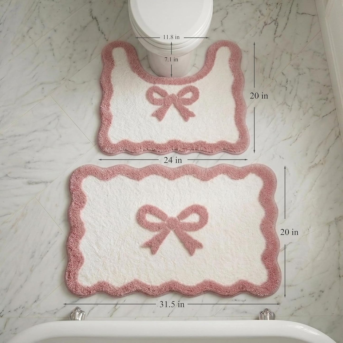 Coquette Bath Mat Set - 2pcs Soft & Absorbent Microfiber Bath Rugs, Non-Slip TPR Backing, Washable Bathroom Mats with Cute Bow Design, for Bathroom, Shower, Tub, and Sink - Pink