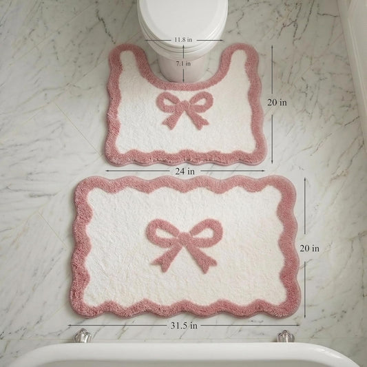 Coquette Bath Mat Set - 2pcs Soft & Absorbent Microfiber Bath Rugs, Non-Slip TPR Backing, Washable Bathroom Mats with Cute Bow Design, for Bathroom, Shower, Tub, and Sink - Pink