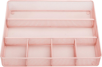 Annova Desk Top Organizer Tray for Office Organization - Metal Mesh - Storage Tray with Dividers for Pens, Desktop Accessories, Bathroom, Kitchen, Makeup and Office Supplies (Large, Light Pink)