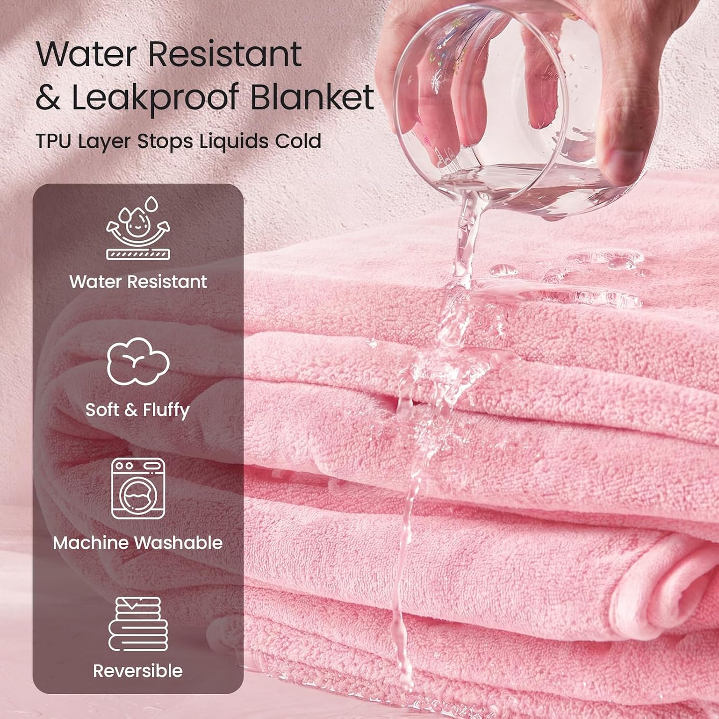 LOOBANI Waterproof Throw Blanket for Couch: Reversible Leakproof Couch Blanket 40" x 60", Soft Coral Fleece Bed Blanket Stain-Proof for Sofa Cover, Pet Accidents, Travel, Pink