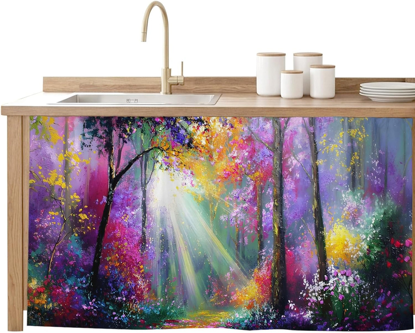 Pink Orange Purple Floral Sink Skirt for Bathroom, Self-Adhesive Under Sink Curtain, Sunlight Trees Botanical Hide Pipes & Storage Fabric Cabinet Skirt Cover for Kitchen Laundry 32"x55"