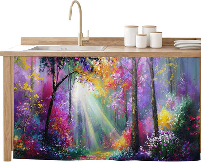 Pink Orange Purple Floral Sink Skirt for Bathroom, Self-Adhesive Under Sink Curtain, Sunlight Trees Botanical Hide Pipes & Storage Fabric Cabinet Skirt Cover for Kitchen Laundry 32"x55"