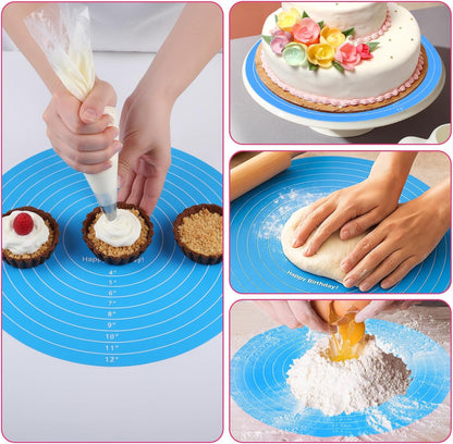 3 Pcs Silicone Cake Mat Round Baking Mat with Measurements Reusable Cookie Turntable Pad Pastry Baking Pad for Pizza Pan Rolling Out Dough Non-Stick Sheets Heat Resistant Pink Blue Green
