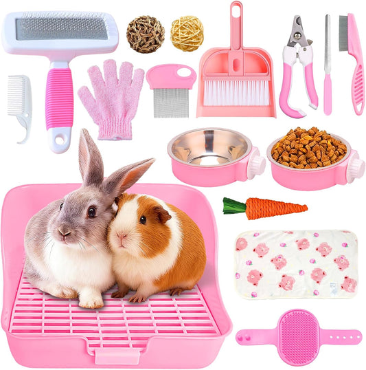 16 Pcs Bunny Grooming Kit,Rabbit Litter Box, Bunny Toys,Blankets with Cleaning Supplies,Pet Toilet Potty with Detachable Hanging Pet Cage Bowl Suitable for Rabbit,Guinea Pig(Pink) (Pink (16PCS))